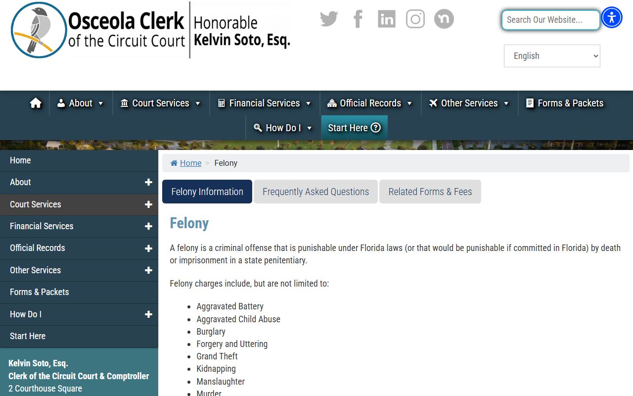 Osceola County Clerk felony process page explaining court records after a jail arrest