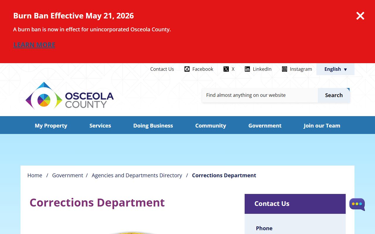 Osceola County Corrections Department inmate population overview page
