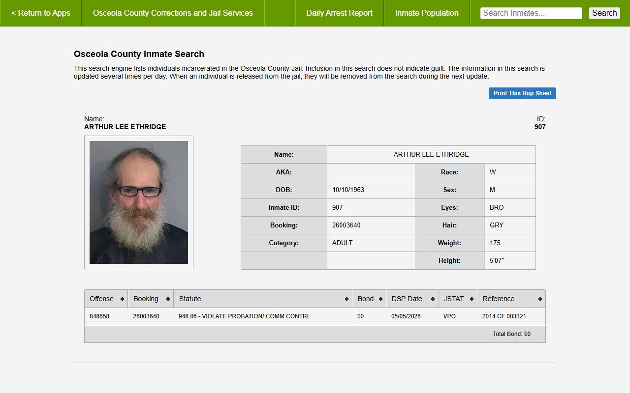 Sample Osceola County inmate record rap sheet with mugshot, booking number, charges, and bond