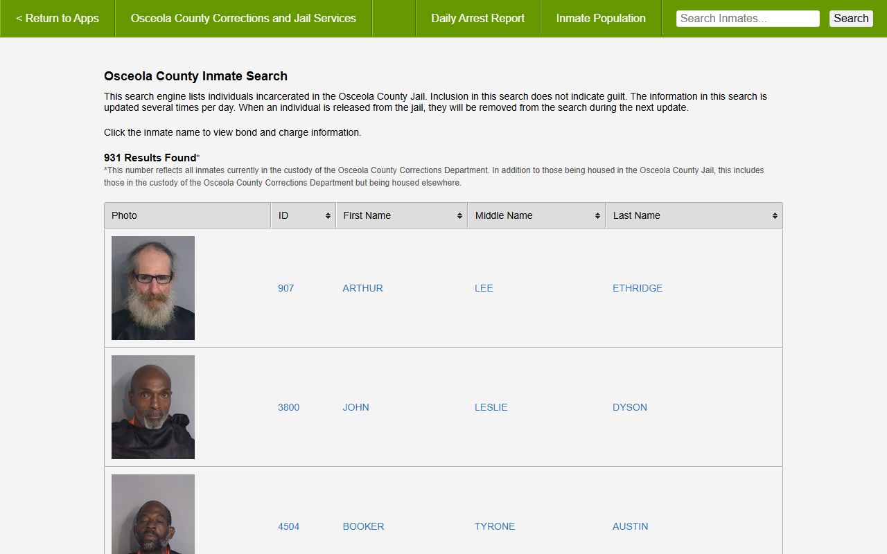 Osceola County inmate population search roster with mugshot thumbnails and result table