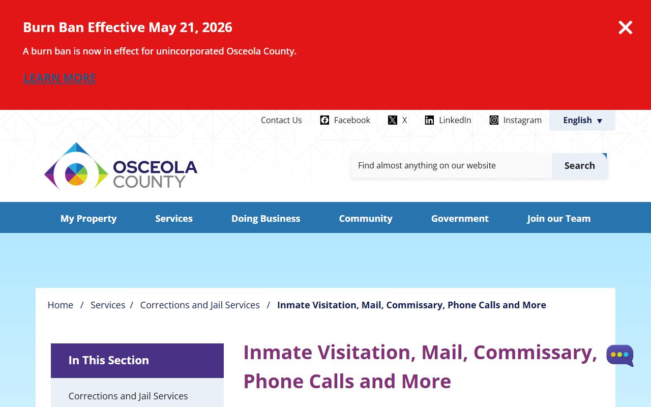 Osceola County Correctional Facility visitation, mail, and commissary rules page